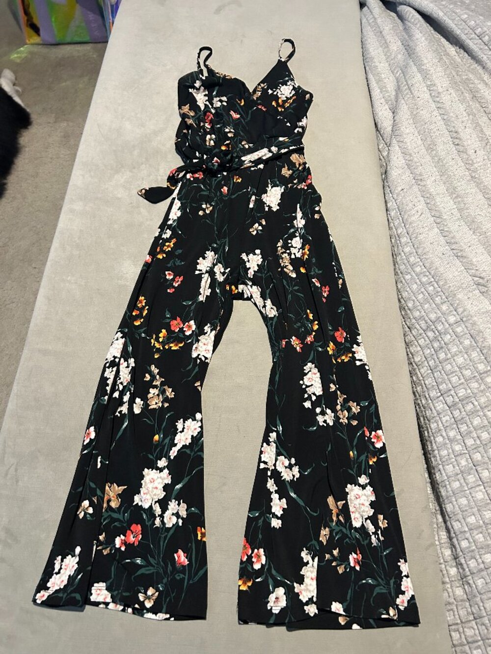KAILEIGH Black Floral Faux Wrap Wide Leg Jumpsuit Tie Waist XS
